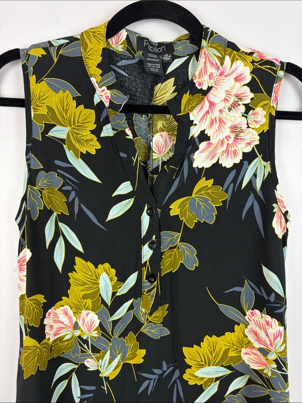 Papillon Floral Sleeveless Tunic Dress XS Black Viscose Pocket Top - Picture 3 of 13